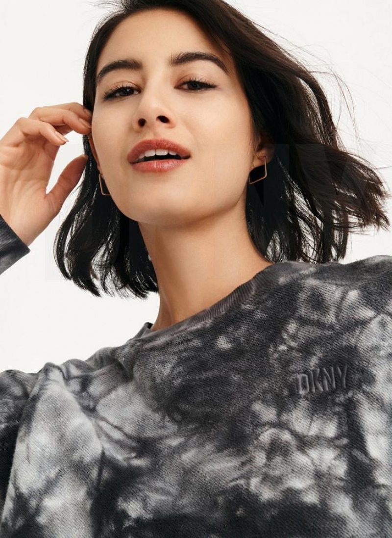 DKNY Tie Dye Crew Neck Pullover With Tie Women's Sweatshirts Black | Ireland_D0953