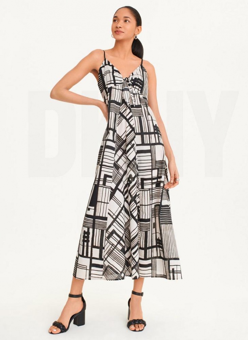 DKNY Tie Front Voile Women's Dress Black Multicolor | Ireland_D1250