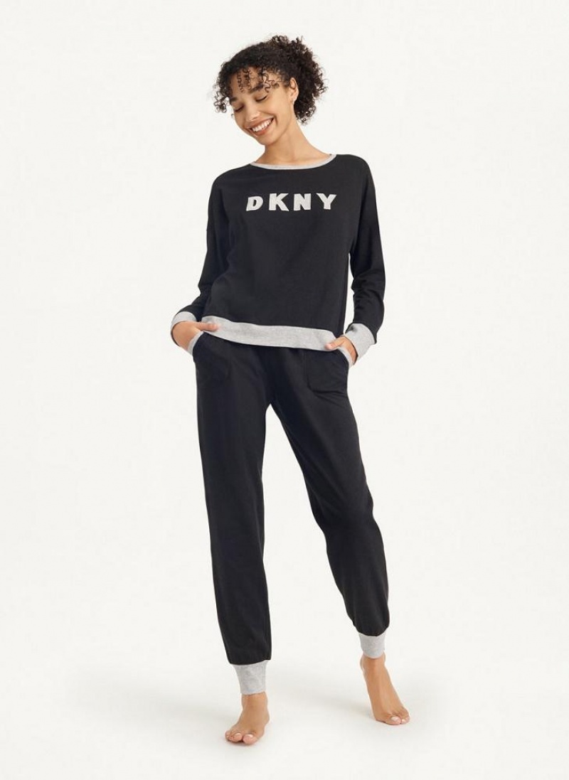 DKNY Top And Jogger Sleep Set Women's Pajamas Black | Ireland_D0795