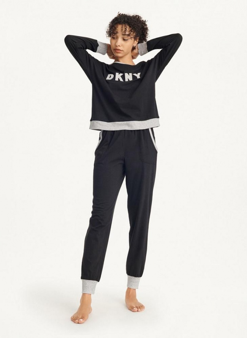 DKNY Top And Jogger Sleep Set Women's Pajamas Black | Ireland_D0795