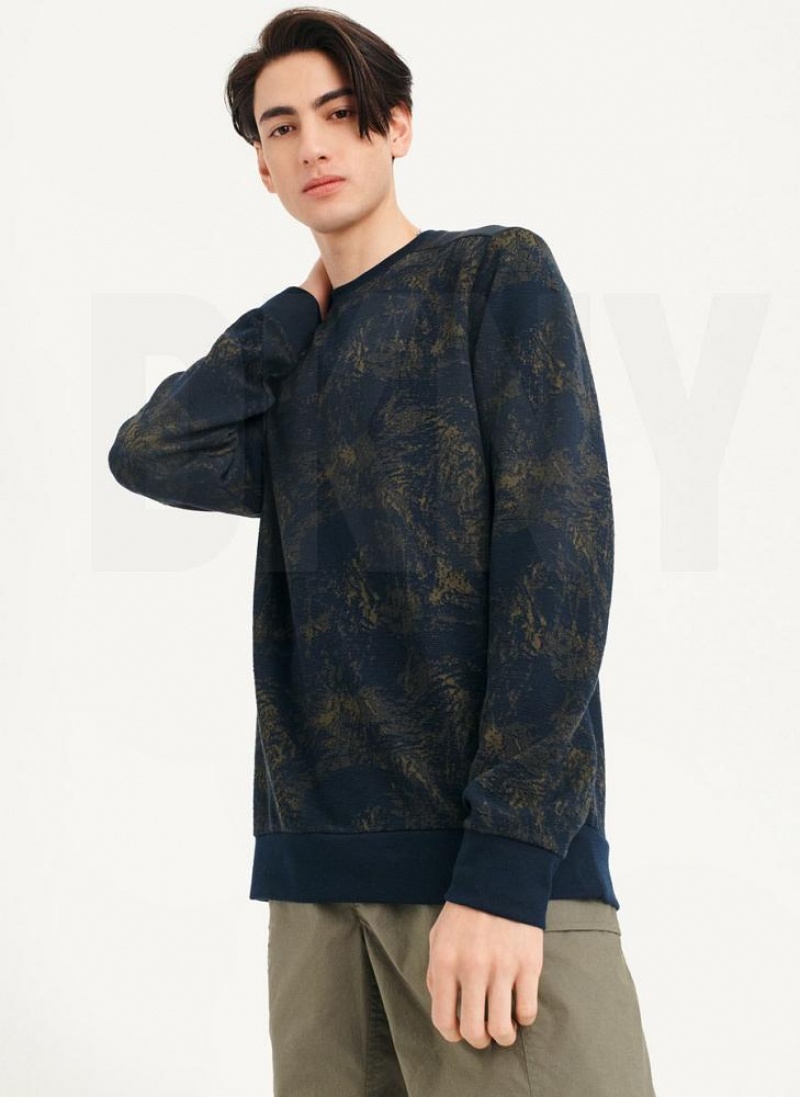 DKNY Tropical Knit Mixed Media Crewneck Men's Sweatshirts Navy | Ireland_D1891