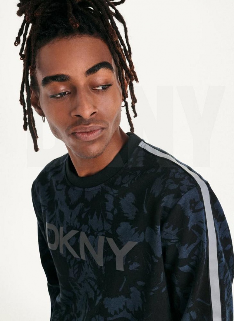 DKNY Tropical Print French Terry Crewneck Men's Sweatshirts Indigo | Ireland_D1822