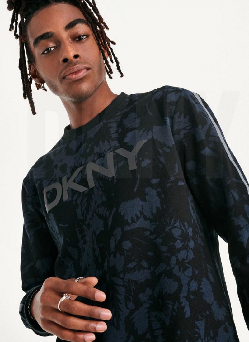 DKNY Tropical Print French Terry Crewneck Men\'s Sweatshirts Indigo | Ireland_D1822