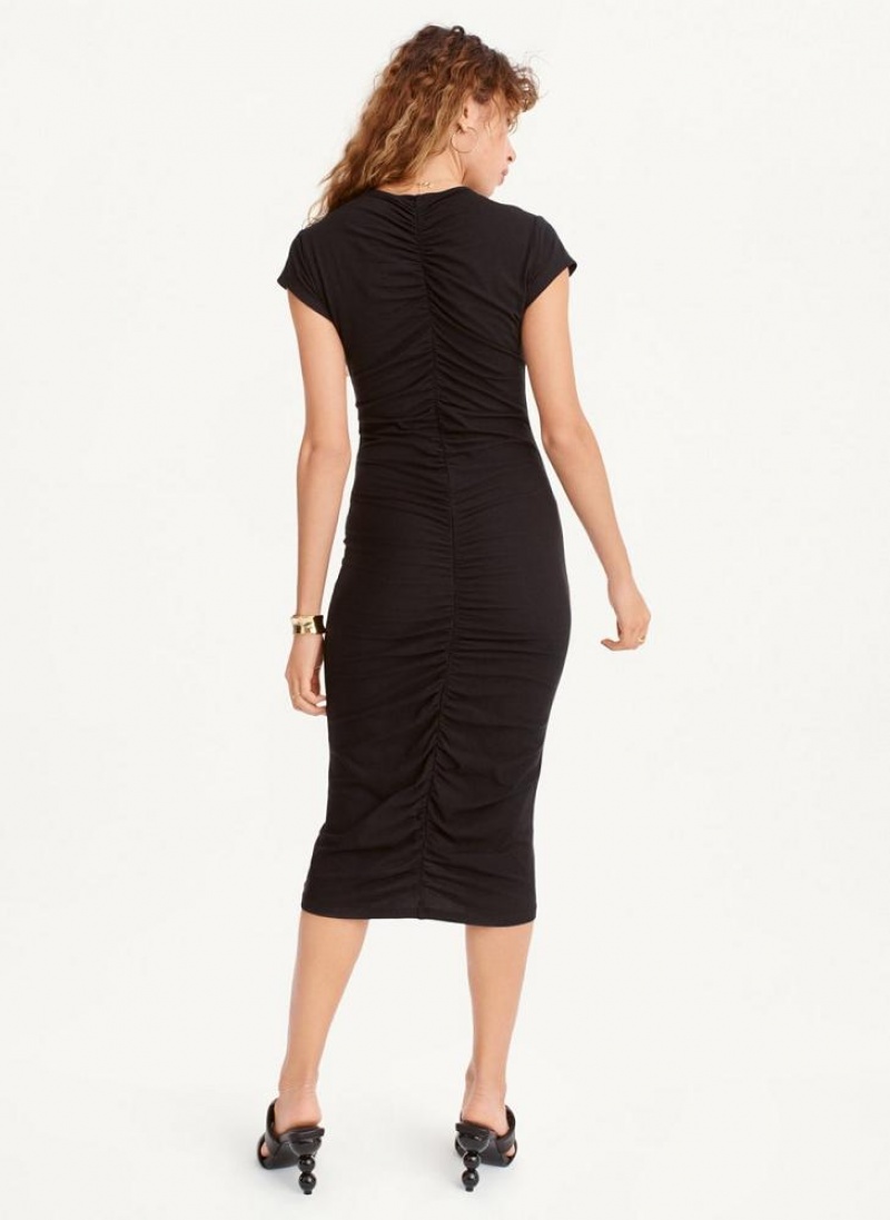 DKNY V-Neck Ruched Midi Women's Dress Black | Ireland_D0660