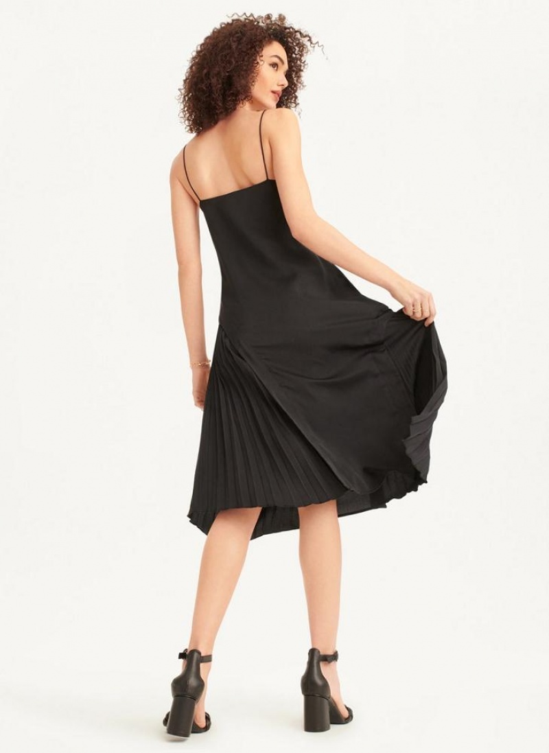 DKNY V-neck Asymmetrical Pleated Women's Dress Black | Ireland_D0577