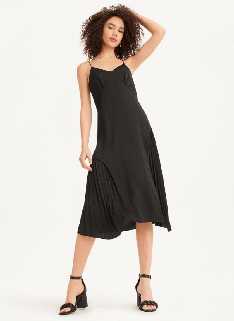 DKNY V-neck Asymmetrical Pleated Women's Dress Black | Ireland_D0577