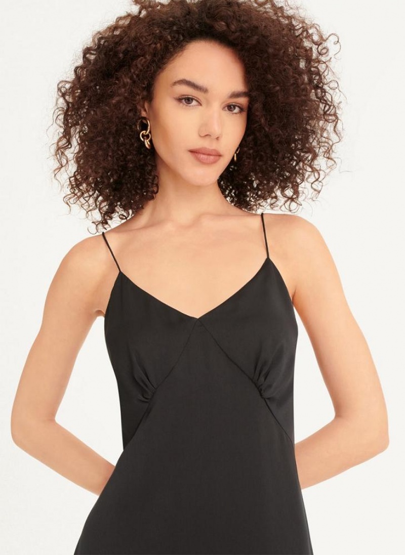 DKNY V-neck Asymmetrical Pleated Women's Dress Black | Ireland_D0577