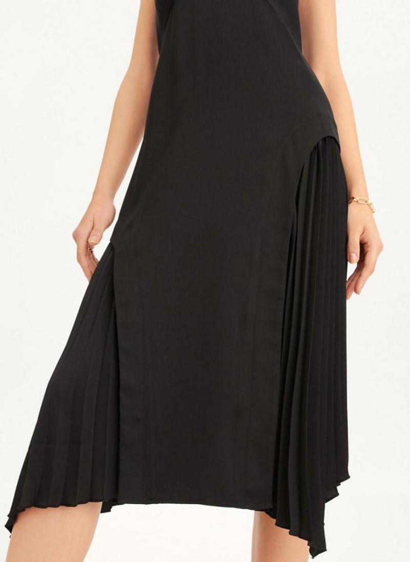 DKNY V-neck Asymmetrical Pleated Women's Dress Black | Ireland_D0577