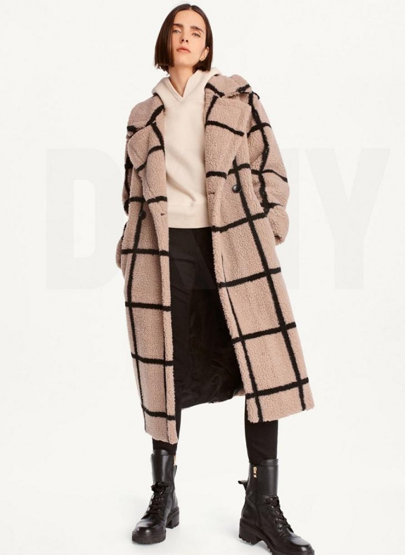 DKNY Windowpane Sherpa Women's Coats Brown | Ireland_D0390