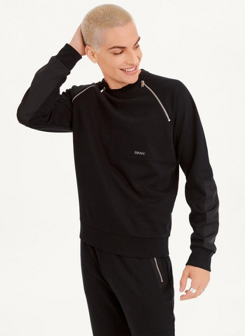 DKNY Zipper Detail Crewneck Men's Sweatshirts Black | Ireland_D1287