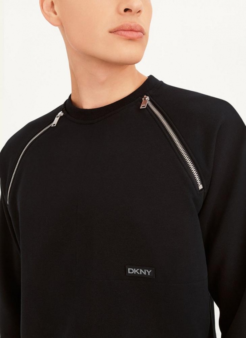 DKNY Zipper Detail Crewneck Men's Sweatshirts Black | Ireland_D1287